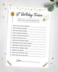 Here are some suggestions to make your trivia questions as fun as possible: 1st Birthday Trivia How Well Do You Know Me Party Game Gold Etsy In 2021 First Birthday Games 1st Birthday Party Games 1st Birthday Games