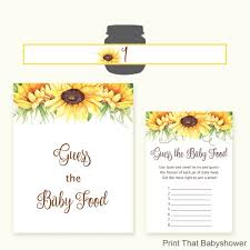 This baby shower activity focuses on the real guest of honor: Baby Shower Games Guess The Baby Food Game Autumn Baby Shower Floral Shower Games Baby Food Game Sunflowers By Print That Baby Shower Catch My Party