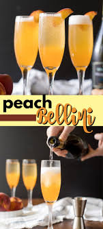 Commonly Called A Peach Bellini This Combination Of Peach Puree And Prosecco Is Served In A Champagne Flute And Garnish Peach Drinks Peach Puree Peach Bellini