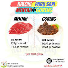 (a) bdd (bahan yg dapat dimakan ) nasi = 100 % (tabel dkbm) (b) 1 gelas nasi = 125 gr (tabel urt) (c) setiap 100 gram nasi mengandung: Umie Kalori Paru Sapi Wah Makanan Yang Enak Ini Guys Facebook