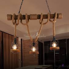 Industrial Multi Light Pendant Light Lantern Style With Rope Cage Frame Wood Decoration Wood Pendant Light Multi Light Pendant Bamboo Pendant Light