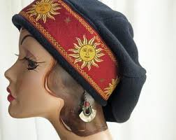 Oversize 13 Inch Black Polar Fleece Beret with Celestial Trim Boho Style