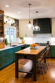 Eclectic Kitchen With Mixed Finishes And Green Cabinets Town Country Living In 2020 Eclectic Kitchen Green Cabinets Colorful Kitchen Appliances