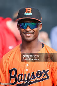 Enrique Bradfield Jr. #23 of the Chesapeake Baysox smiles before the...  News Photo