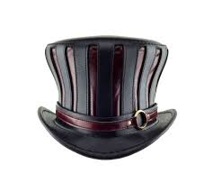 Black And White Striped Top Hat Mad Hatter Hat Striped Leather Top Hat In Black And Red Etsy Leather Top Hat Leather Hats Steampunk Top Hat