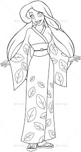 Black And White Kimono Clipart Caucasian Woman In Kimono Coloring Page Cartoon Character Clipart Coloring Pages Illustration