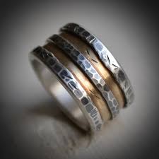 Mens Wedding Band - Rustic Fine Silver Brass and Sterling Silver or 14K White Gold - Handm