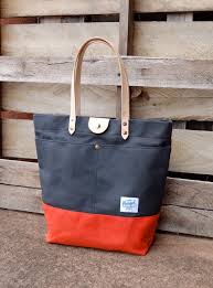 Waxed Canvas Tote Bag With Leather Handles And Snap Closure Large Charcoal Gray Orange Color Blocked Tote Perfect For Everyday Or Travel Waxed Canvas Tote Waxed Canvas Tote Bag Bags