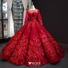 Duchesse brautkleid ballkleid lang rot tüll spitze carmen ausschnitt. Luxus Herrlich Rot Hochzeits Brautkleider Hochzeitskleider 2020 Ballkleid Durchsichtige Rundhalsausschnitt Lange Armel Ruckenfreies Herzformig Blumen Applikationen