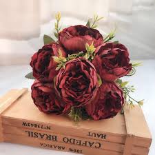 Dark burgundy hydrangea spray features vibrant petals with large green leaves and a brown stem. Flowers Fake Silk Hydrangea Artificial Flower Arrangement Autumn Home Wedding Wine Red Floral Decor