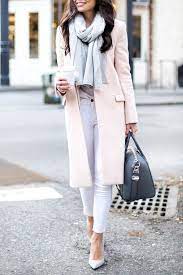 Blush Winter Coat With White Skinny Jeans And Grey Scarf Winter Fashion Outfits Fashion Wardrobe Outfits