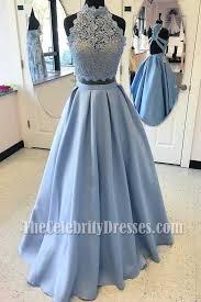 Gorgeous Two Piece High Neck Light Blue Embroidered Evening Dress Prom Ball Gown Thecelebritydresses
