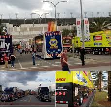 Nascar monster energy cup series haulers arrive at daytona international speedway. 2020 Nascar Season Is Here Nascar Haulers Lined Ready To Enter Daytona Nascar