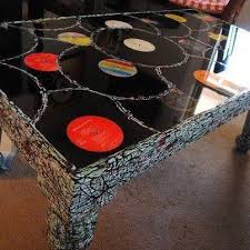 Coffee Table Made From Old Albums Then Covered With Polyurethane Cool Vinyl Record Crafts Record Crafts Vinyl Record Projects