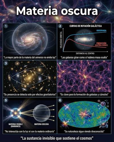 La materia oscura no se puede ver, tocar ni detectar directamente. Sin  embargo, es la que mantiene unidas a las galaxias. Todo lo que observamos  representa solo una pequeña fracción del universo.