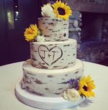 Birch Tree Wedding Cake With Sunflowers Buttercream Birch Wood Wedding Cake With Fresh Sunflowers Sunflower Wedding Cake Country Wedding Cakes Sunflower Wedding