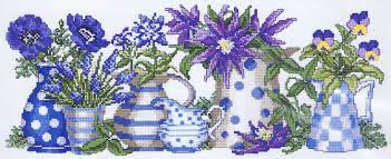 Blue flowers cross stitch patterns. Blue Flowers And Pots Cross Stitch Kit By Permin Of Copenhagen