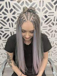 Pastel Hair Streaks Using Braiding Extensions With Corn Row Braids Decorative Hair Jewelry Braids With Extensions Festival Hair Pastel Festival Hair