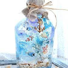 海のハーバリウム 貝と熱帯魚とヴィンテージパーツ付き flower bottle fish art christmas tree design