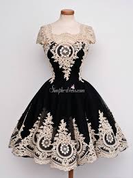 Vintage Scoop Cap Sleeves Black With White Appliques Short Homecoming Dresses Homecoming Dresses Short Prom Dresses Short Short Dresses