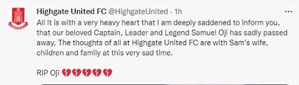 The thoughts of all at highgate united fc are with sam's wife, children and family at this very sad time, they added. Fhk958n5tvi Vm