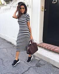 Striped Black White Stretchy Dress And Black Tennis Shoes Dresses With Tennis Shoes Summer Dress Outfits Dress With Sneakers