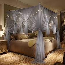 Canopy bed curtains with lights. 4 Corner Poster Princess Bed Curtain Canopy Mosquito Netting With Led Light Wish