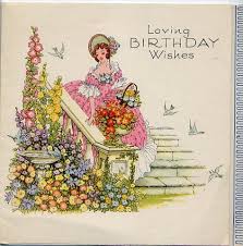 Art Deco Crinoline Lady In Garden Vintage Greeting Card Vintage Greeting Cards Happy Birthday Art Vintage Birthday Cards
