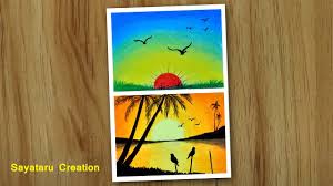 How to draw scenery of mother duck and little ducklings swimming in the pond. Sunrise And Sunset Drawing Easy Oil Pastel Drawing For Beginners Youtube