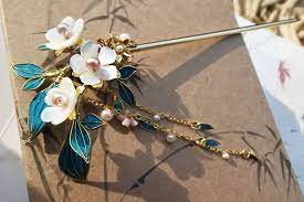 漓水瑟瑟 包邮 贝雕花仿点翠发簪手工发饰簪子 淘宝网 asian hair pin hair accessories asian accessories