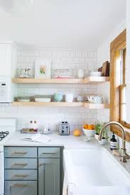 Chunky Open Shelving On Kitchen With Grey Lower Cabinets Green Kitchen Cabinets Kitchen Design Small Kitchen Remodel