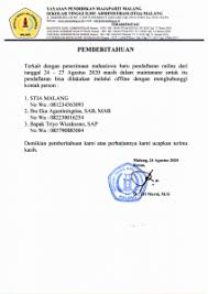 Sekolah tinggi ilmu administrasi malang yakni satu dari sekian perguruan tinggi swasta di nusantara yang berbentuk sekolah tinggi, dikelola oleh dikti dan termasuk kedalam kopertis wilayah 7. Stia Malang Kampus Stia Malang