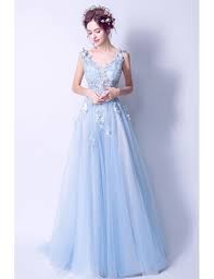 Elegant V Neck Light Blue Prom Dress Long With Floral Beading Agp18104 Gemgrace Com
