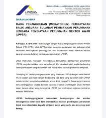 Untuk yang belum tahu, lppsa adalah singkatan kepada lembaga pembiayaan perumahan sektor awam yang bertujuan untuk menyediakan kemudahan pinjaman perumahan kepada sektor awam di malaysia. Jabatan Perkhidmatan Awam No Twitter Tiada Penangguhan Moratarium Pembayaran Balik Ansuran Bulanan Pembiayaan Perumahan Lembaga Pembiayaan Perumahan Sektor Awam Lppsa Https T Co 6hxtxittix
