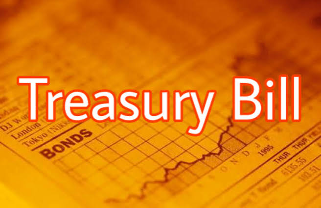 Financial newspaper with bond market tables and charts overlaid with the words Treasury Bill in red outline.