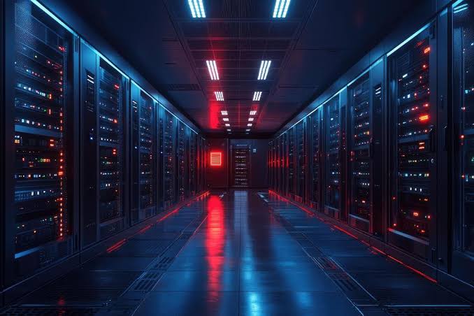 A dark, blurred server room with red emergency lights blinking.