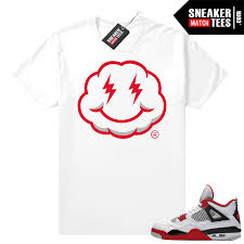 Fire Red 4s Jordan Sneaker Tees Shirts White Lightning Smiley Cloud Jordan 4 Fire Red Sneaker Match Clothing