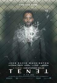 John david washington's protagonist on one side of bulletproof glass and robert pattinson on the other, observing the bullet hole between them. Tenet Poster Space Movie Posters Action Movie Poster James Bond Movie Posters