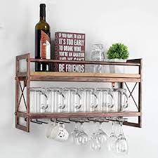 Amazon Com Womio Industrial Wine Racks Wall Mounted Stemware Glass Rack 2 Tier Metal And Wood Shelf Wi Diy Wine Glass Rack Wine Glass Shelf Wine Glass Storage