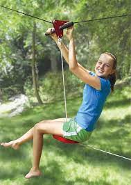 The Seated Backyard Zipline Kit This Is The Backyard Zipline With An Integrated Seat That Allows Kids To Swoop Zip Line Backyard Ziplining Backyard For Kids