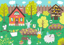 scène de jardin de vecteur avec des animaux marrants. paysage de printemps  avec lapin drôle, chalet,