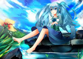 Barefoot Blue Eyes Blue Hair Dress Flowers Hatsune Miku Long Hair Oumi Hi Twintails Vocaloid Water Konachan Com Hatsune Miku Miku Anime