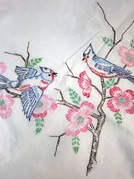 Vintage Linen Embroidered Blue Bird Table Cloth On Etsy Vintage Linens Vintage Textiles Hand Embroidery