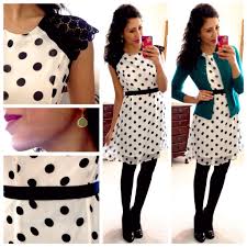 Black And White Polka Dot Dress With Black Tights Black And White Polka Dots Dress Black Tights And Pumps Like The Idea Of The Black Waste Belt And Green Sweater Perfec Hello Gorgeous Blog Fashion Work Fashion