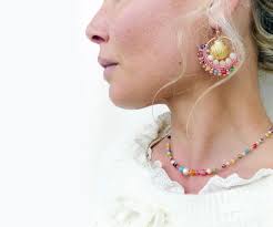 Multicolor Choker Necklace With Millefiori Glass Pink Opal Rivers Perles  and Gold Filed 14K Chain