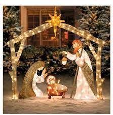 Beautiful Lighted Outdoor Nativity Scene Lights Up A Yard For Chris Christmas Yard Decorations Decorating With Christmas Lights Outside Christmas Decorations