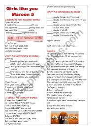 The track was written by lead singer adam levine, starrah, gian stone, cirkut. Maroon 5 Girls Like You Esl Worksheet By Cathy Dias