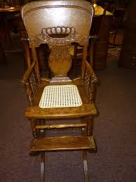 Antique Vintage Oak High Chair Rocker Press Back Cane Seat Childs Made In Usa Ebay Antique Baby Cribs Baby Cribs Antique Oak Furniture