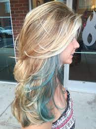 Long Layers Blonde Balayage With A Teal Streak Hair Streaks Blonde Teal Hair Highlights Blonde Hair Color