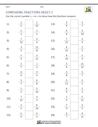 Assess fifth grade fraction concepts, including equivalent fractions, adding with unlike denominators, improper fractions, and mixed numbers. Comparing Fractions Worksheet